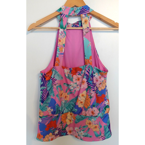 Boston Proper Shirt Womens Small Pink Tropical Floral Mock Neck Halter Top - Picture 2 of 7